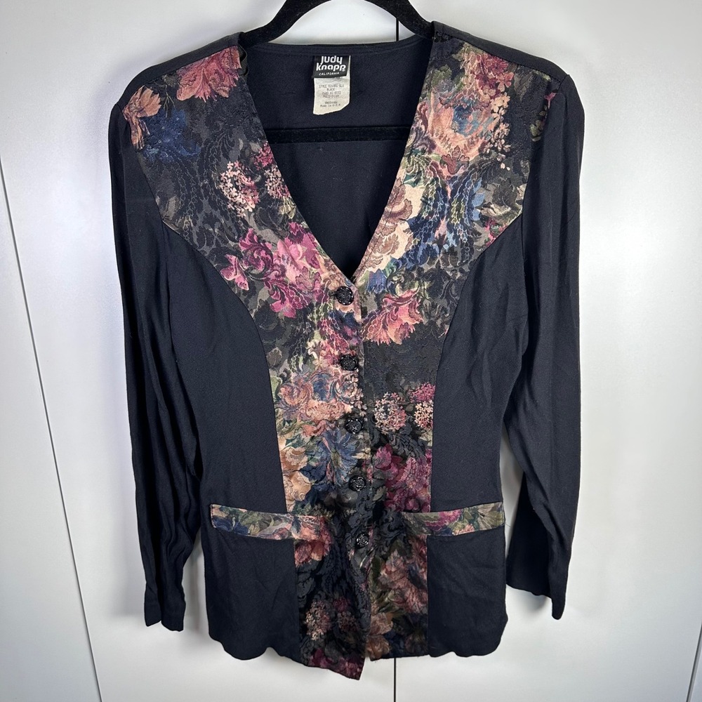 VTG Judy Knapp Women M Black Floral Top Buttons Long Sleeve Whimsigoth Fairy